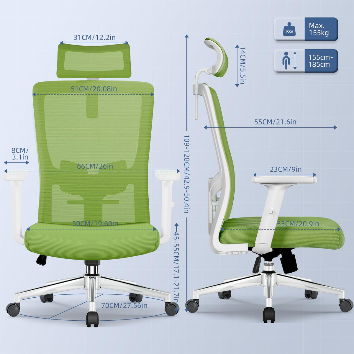 Ergonomic Office Chair with Adjustable Lumbar Support, Armrests and Headrest, Swivel Office Chair 150 kg, Desk Chair, Executive Chair, Rocker Function up to 135°