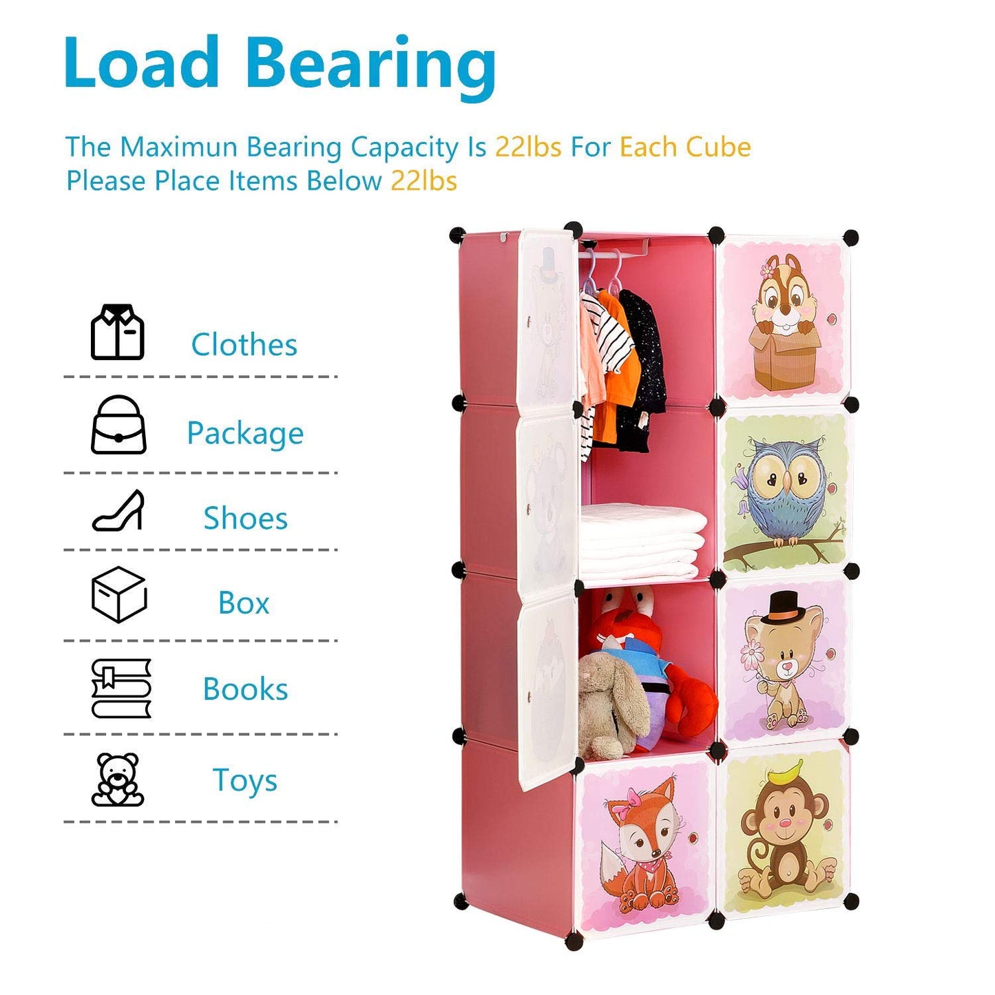 BRIAN & DANY Expandable Children's Shelf, Children's Wardrobe, Tiered Shelf, Bookcase with Doors, Deeper Compartments than Normal (45 cm vs. 35 cm) for More Space, 75 x 47 x 147 cm, Pink