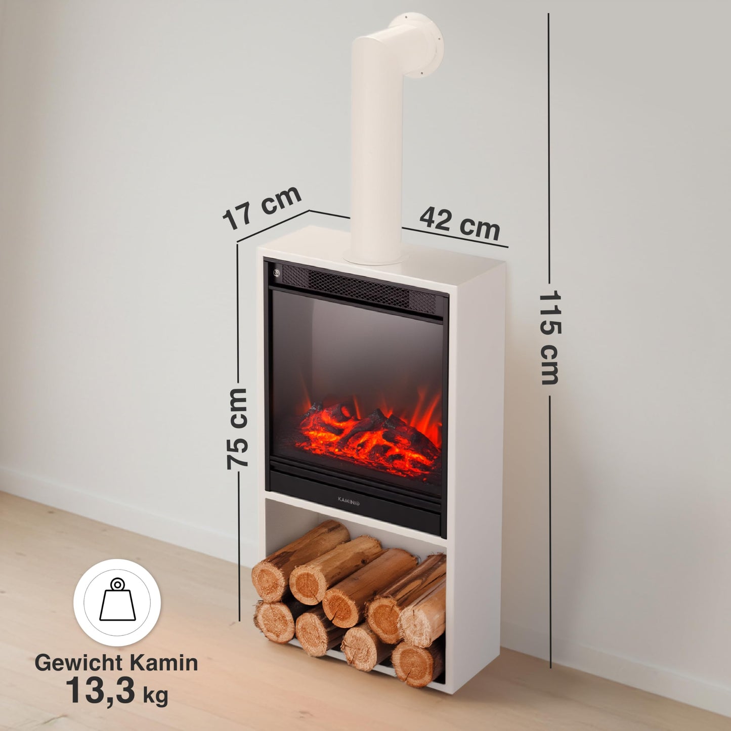 Hugo Electric Fireplace with Heater, 3D Flame Effect, LED Ambient Light, Wooden Compartment, Remote Control (White)