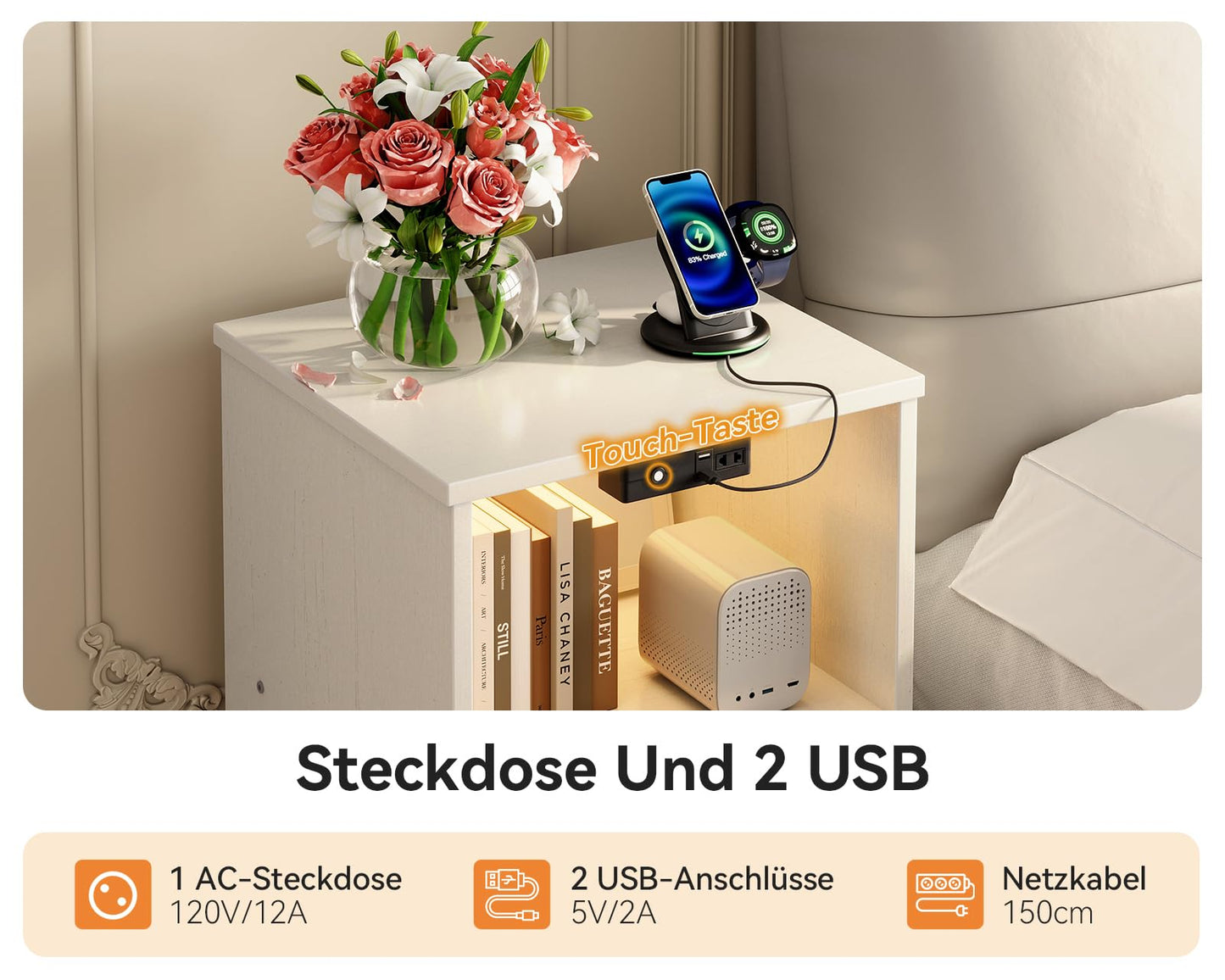 Coleshome Bedside Table with 2 Sockets and 2 USB, Bedside Tables with 10 Colours LED, Bedside Table White with 2 Wooden Drawers and Storage Space, 1 Pack