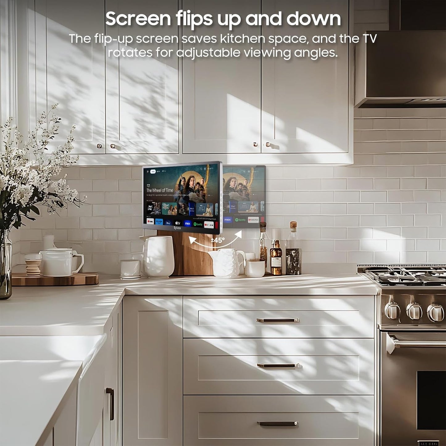SYLVOX 15.6 Inch Kitchen TV - Mini Smart TV with Google TV, DVB-C/T2/S2, 1080P Full HD, Rotatable and Foldable, Under Cabinet Mountable, 12 V Small TV for Kitchen, Children's Room, Laundry