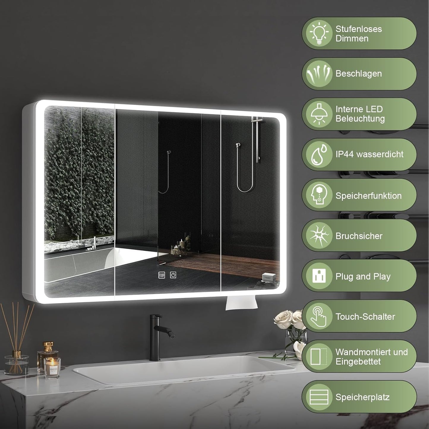 Aovquof Mirror Cabinet with Lighting - 90 x 60 cm Bathroom Mirror Cabinet with Storage Space, Bathroom Mirror Cabinet with Adjustable Dimmable LED Lights with Demist Function, Modern Cream Colour