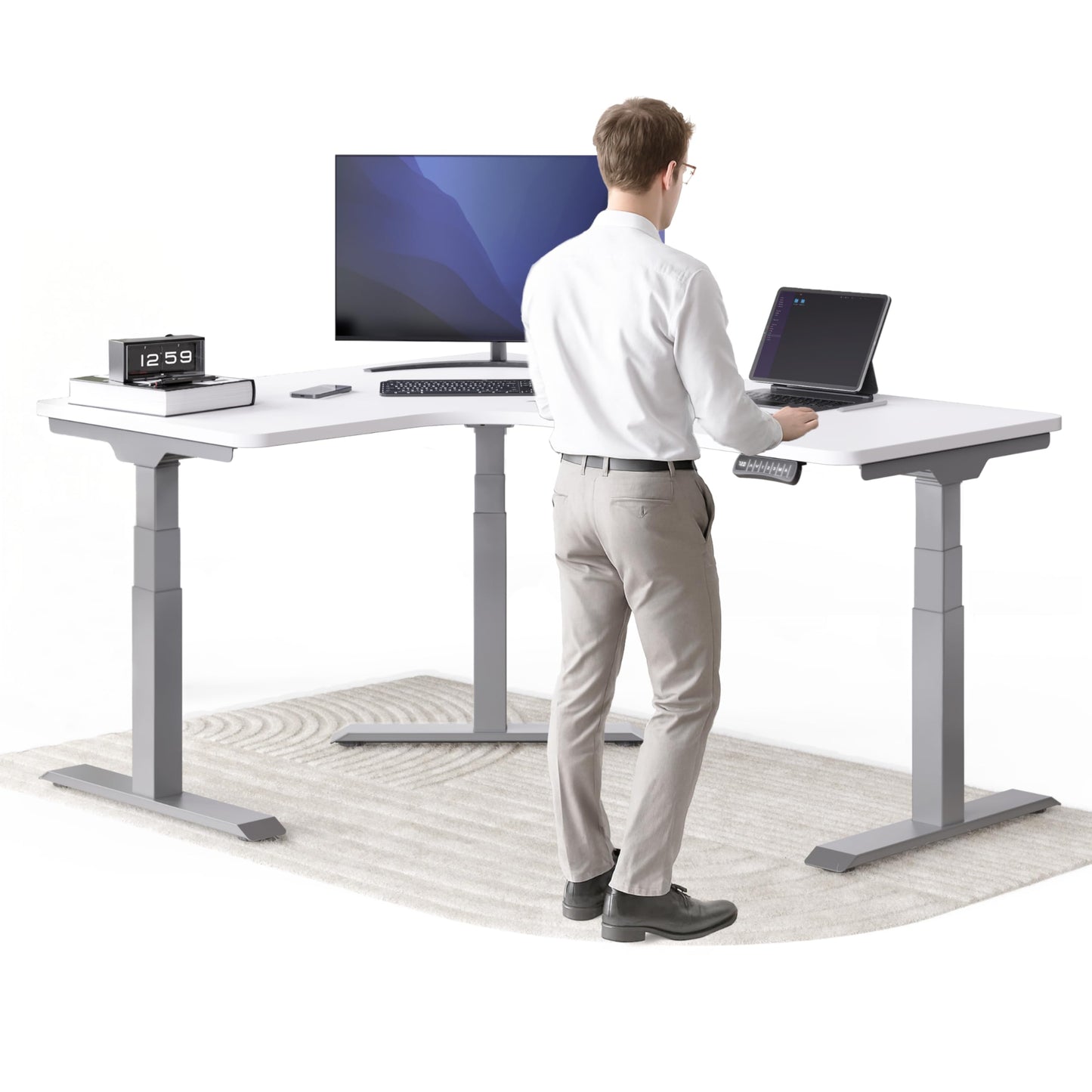 Corner Electric Height-Adjustable Corner Desk, Corner Desk with Memory Function and Anti-Collision Black Frame, Mahogany Table Top, 160 x 130 x 70 cm