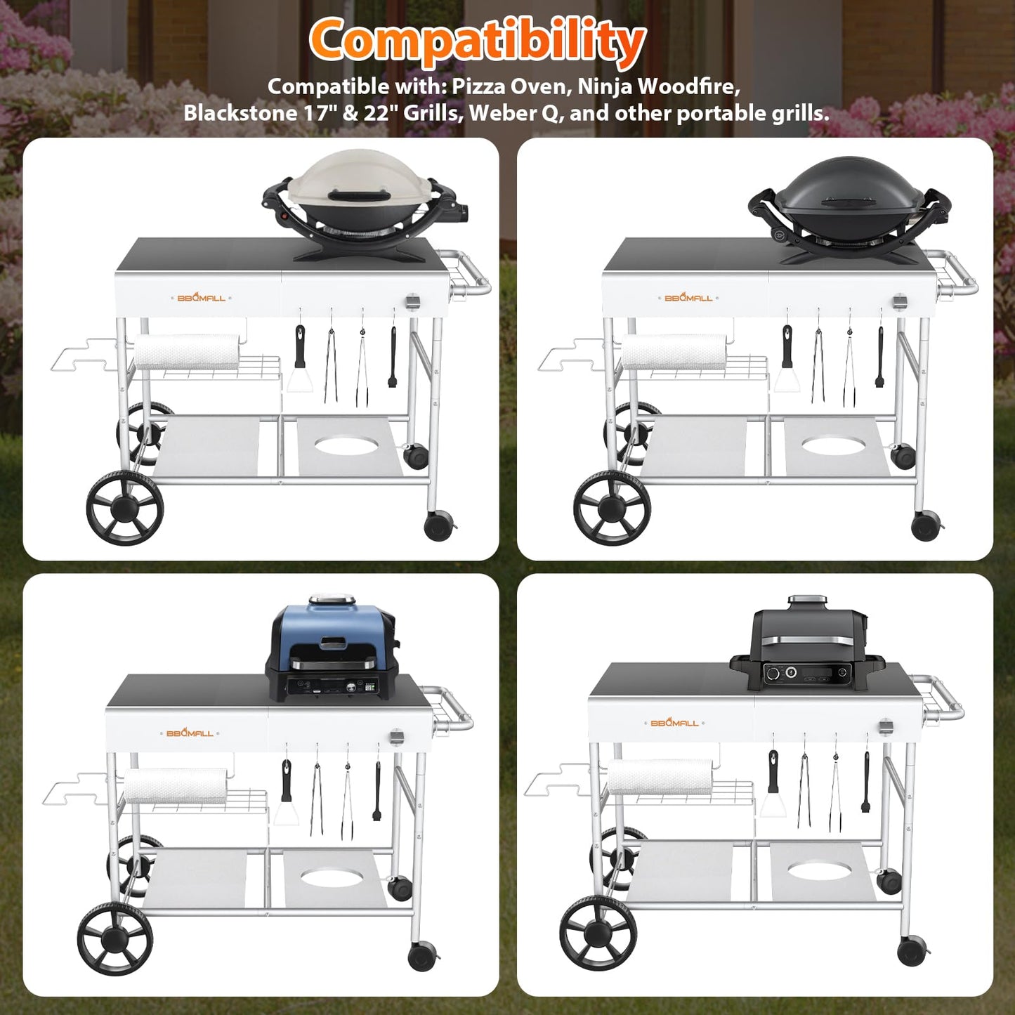 GFTIME Improved Pizza Ovens Grill Trolley for Koda/Karu/Fyra 16 & 12, 128 x 64 x 78 cm Rolling Kitchen Trolley, Serving Trolley Grill Stand for Ninja Woodfire, Blackstone Griddle, Trolley for Weber Q