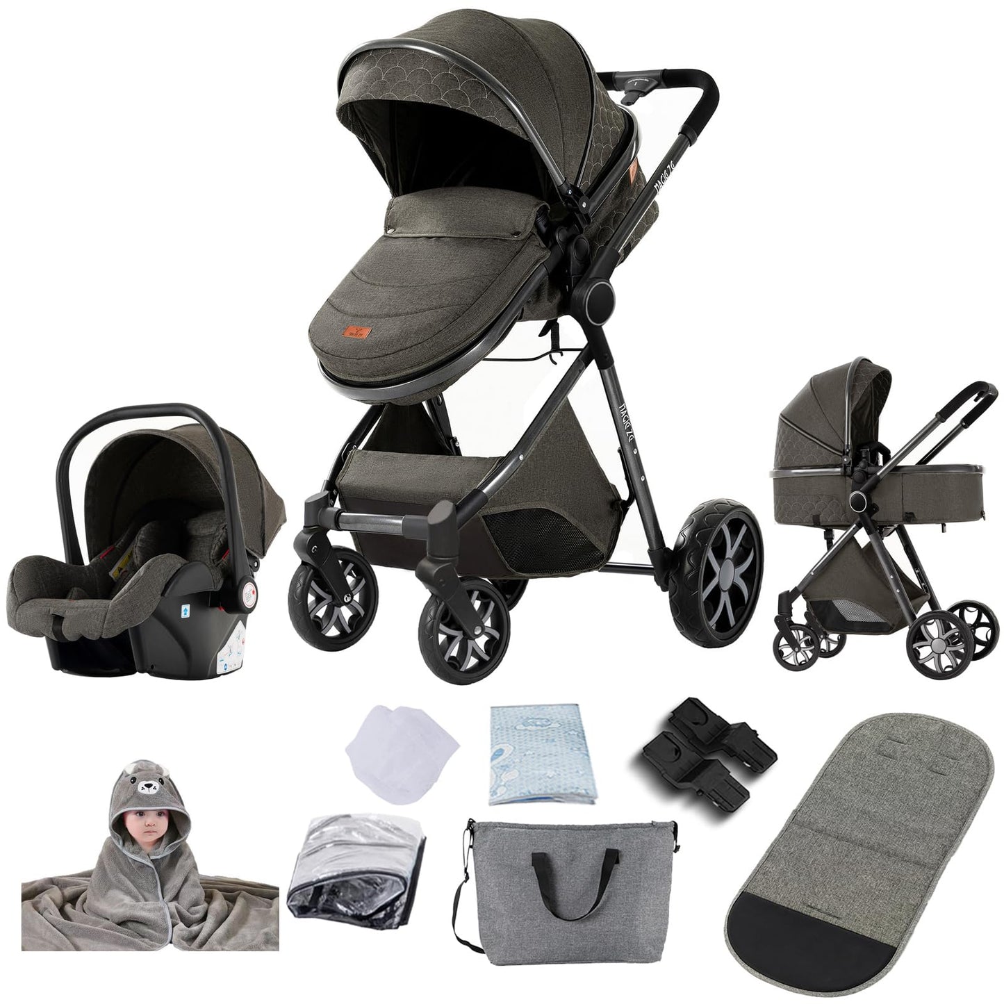 PU Leather Pushchair 3-in-1, Buggy with One-Click Folding Design, Pushchair with Two Reversible Sliding Modes, Combination Pushchair 3-in-1 Complete Set Frame Aluminium Alloy (518 Black)