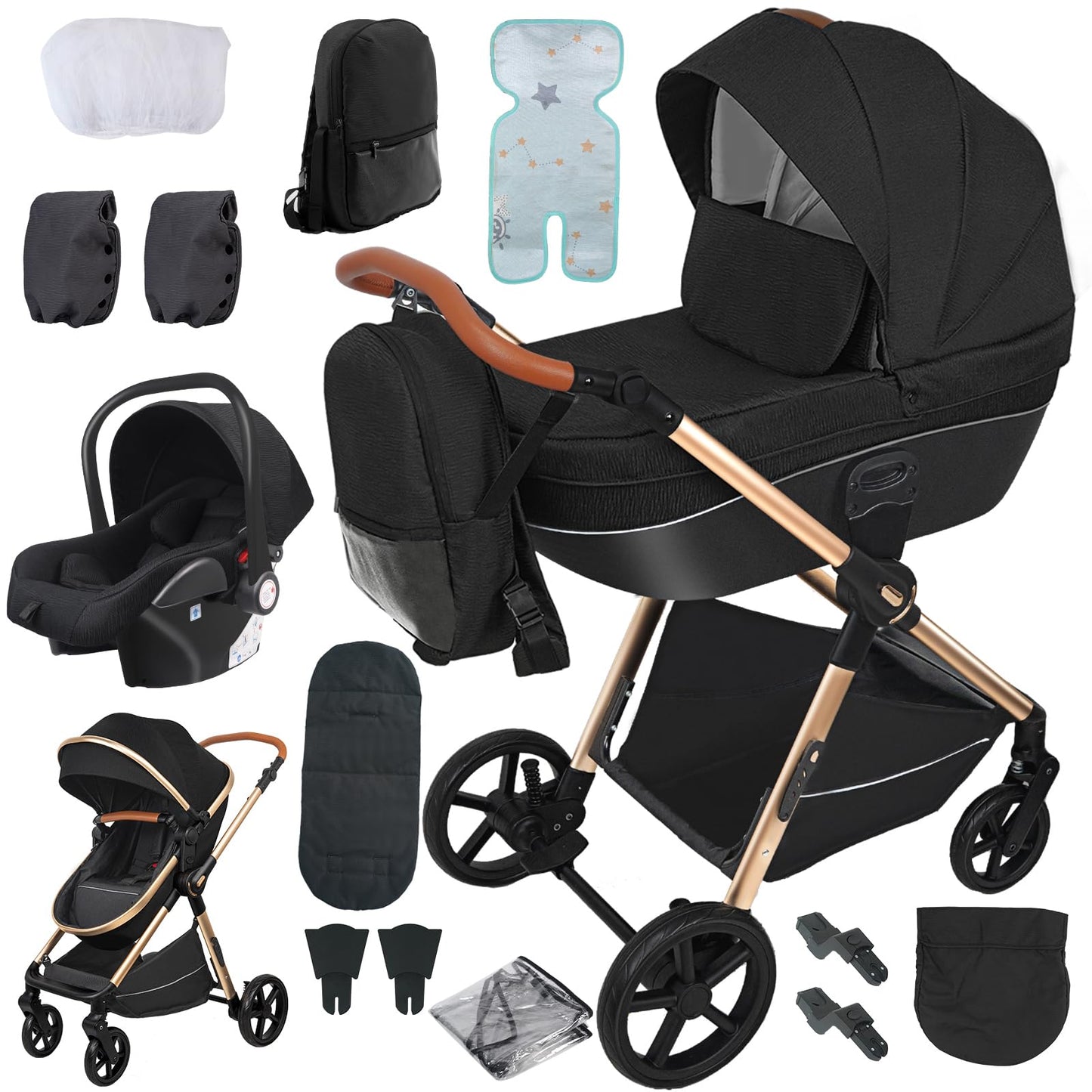 PU Leather Pushchair 3-in-1, Buggy with One-Click Folding Design, Pushchair with Two Reversible Sliding Modes, Combination Pushchair 3-in-1 Complete Set Frame Aluminium Alloy (518 Black)