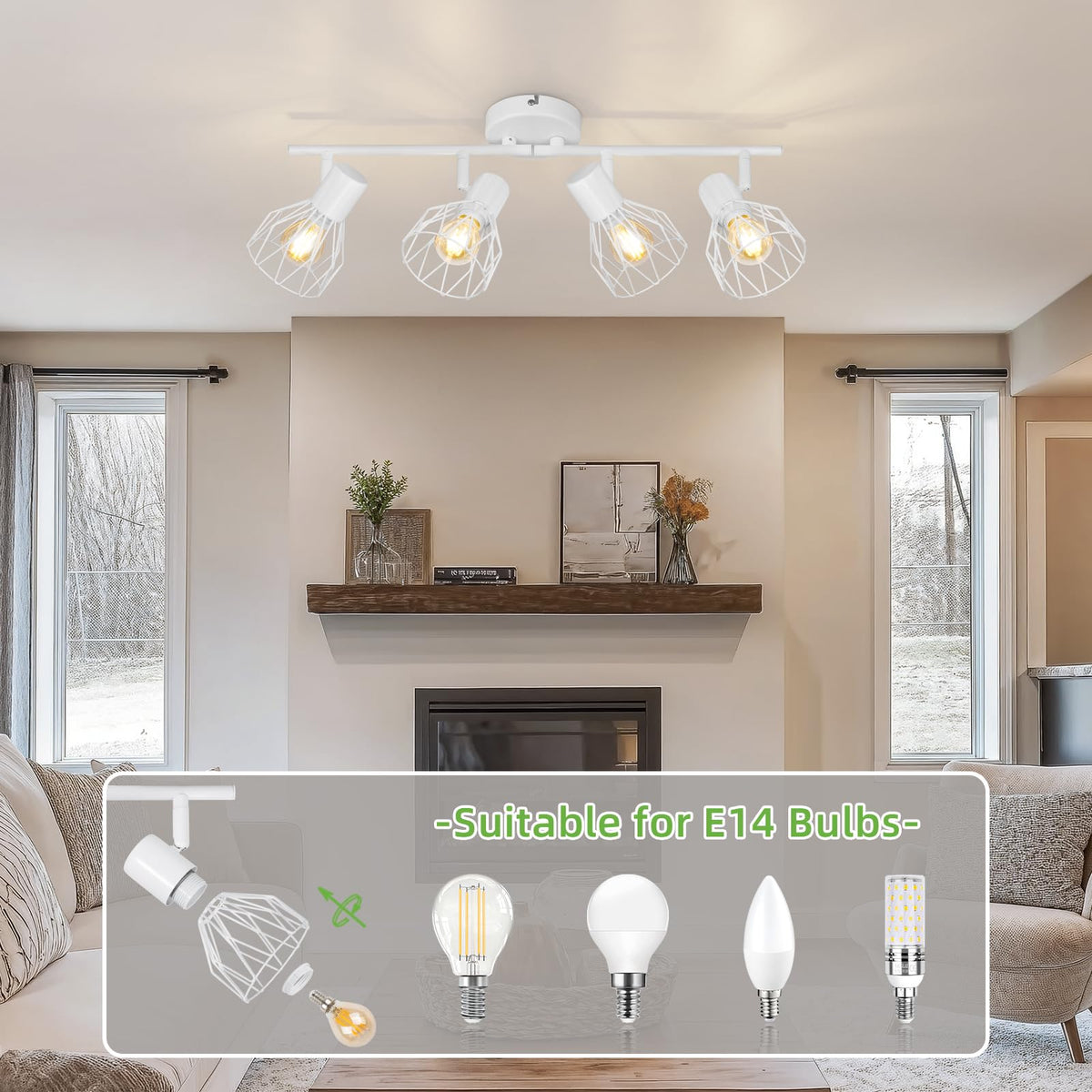 Kimjo 6-Bulb LED Ceiling Spotlight, Swivelling E14 Ceiling Spotlight, Black 6-Bulb Ceiling Light For Living Room, LED Kitchen Ceiling Light, Without Bulbs