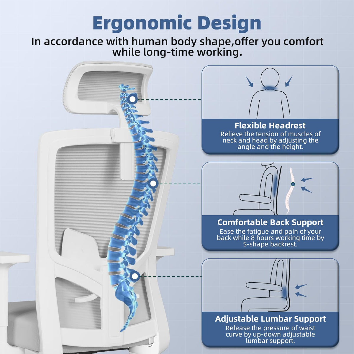 Ergonomic Office Chair with Adjustable Lumbar Support, Armrests and Headrest, Swivel Office Chair 150 kg, Desk Chair, Executive Chair, Rocker Function up to 135°