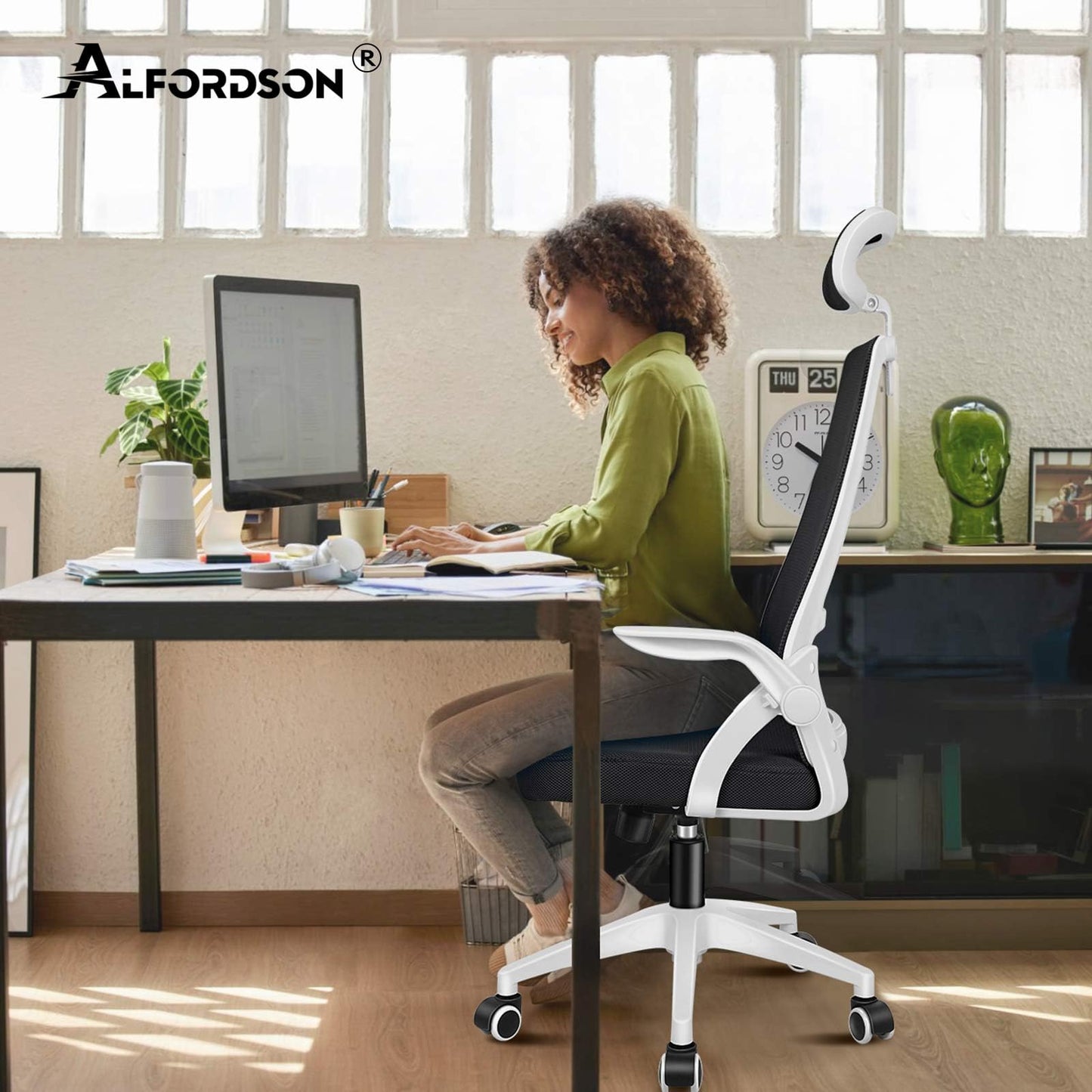 ALFORDSON Ergonomic Office Desk Chair, Computer Chair with Dynamic Lumbar Support, Tilting Swivel Chair with Flip Up Armrest, Black