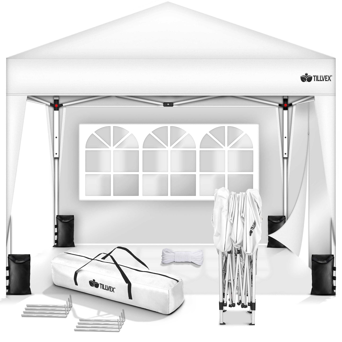 tillvex Gazebo 3 x 3 m Waterproof with 4 Side Panels + Set of 4 Sandbags Pop-Up Folding Gazebo Stable & Height Adjustable Garden Tent UV Protection 50+ Party Tent with Bag for Garden, Grey