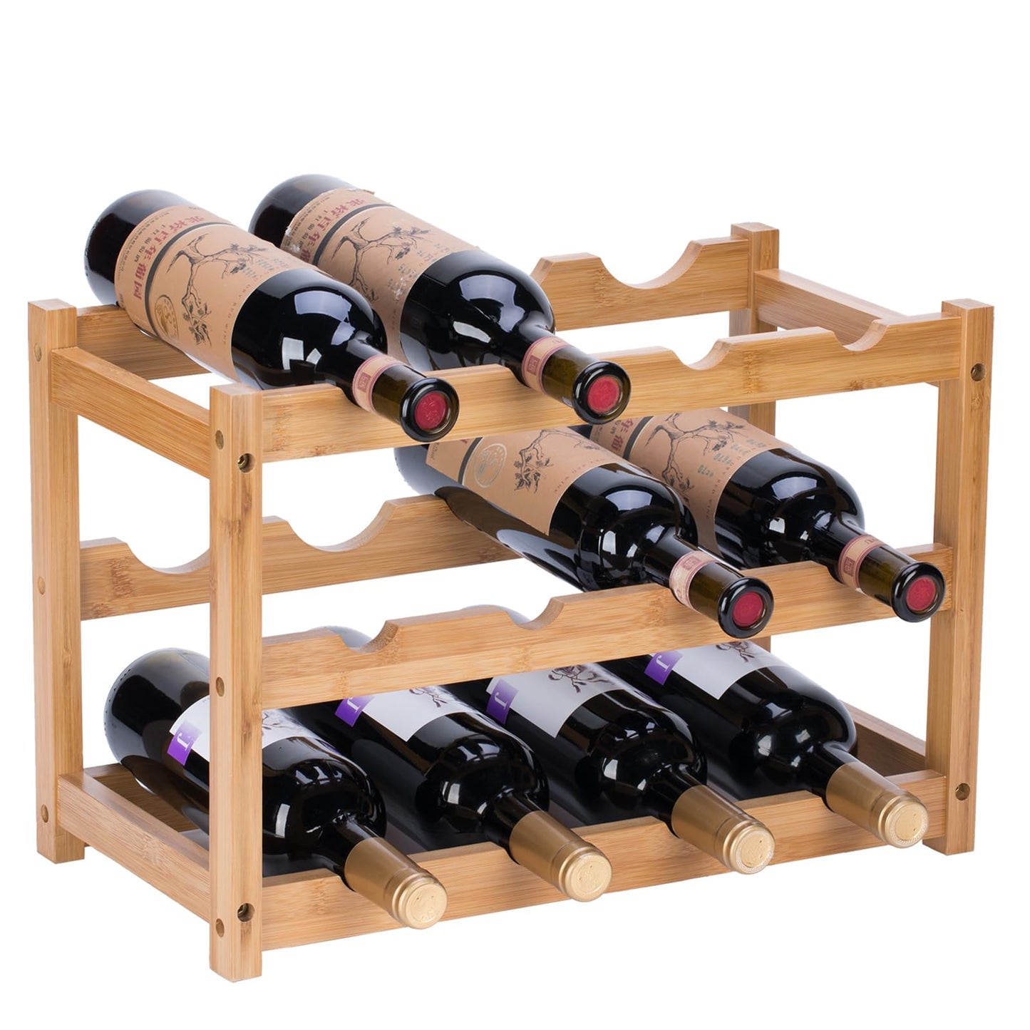 Wine Rack, Small Bottle Rack Storage Holder, Natural Bamboo Bottle Holder, Wine Bottle Shelf for Kitchen, Countertop, Cellar, Bar, Cabinet (2 Tiers, 8 Bottles)
