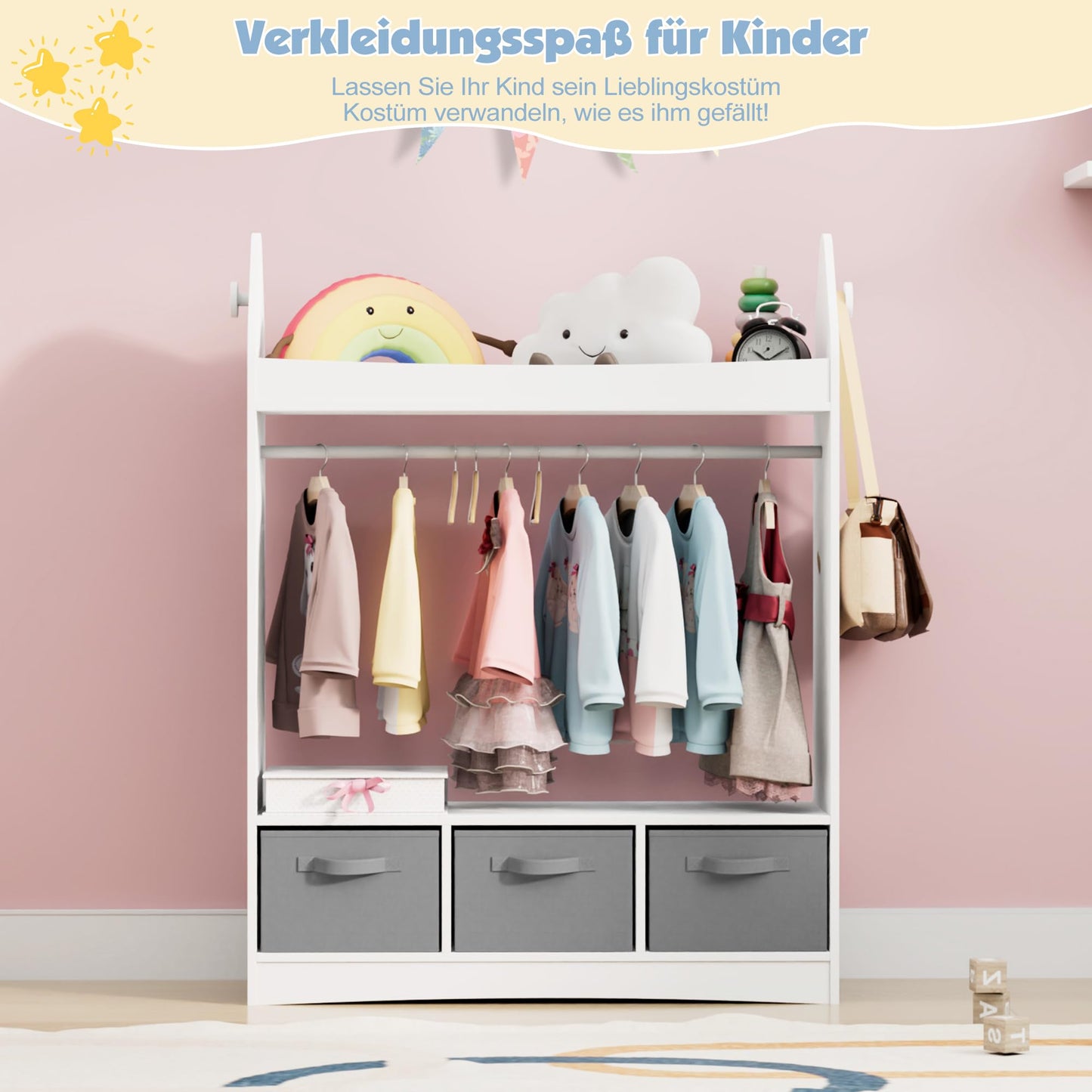 Children's Clothes Rack with Mirror, Clothes Rail with Shelves, Children's Wardrobe Wood, Children's Shelf for Children's Room, 81 x 28 x 106.5 cm (Clouds with 2 Drawers, White)