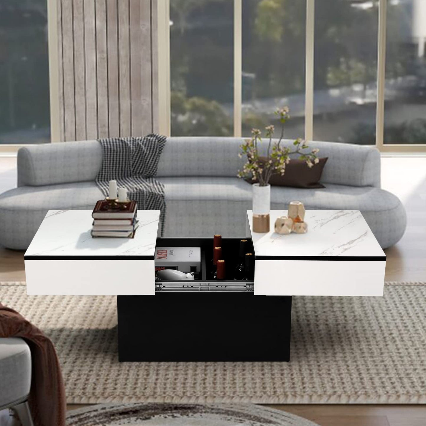 Vowner Coffee Table, Modern Coffee Table, Extendable Desk, Living Room Table with 2 Storage Spaces, High Gloss Finish, 114 x 58 x 40 cm, White Marbling