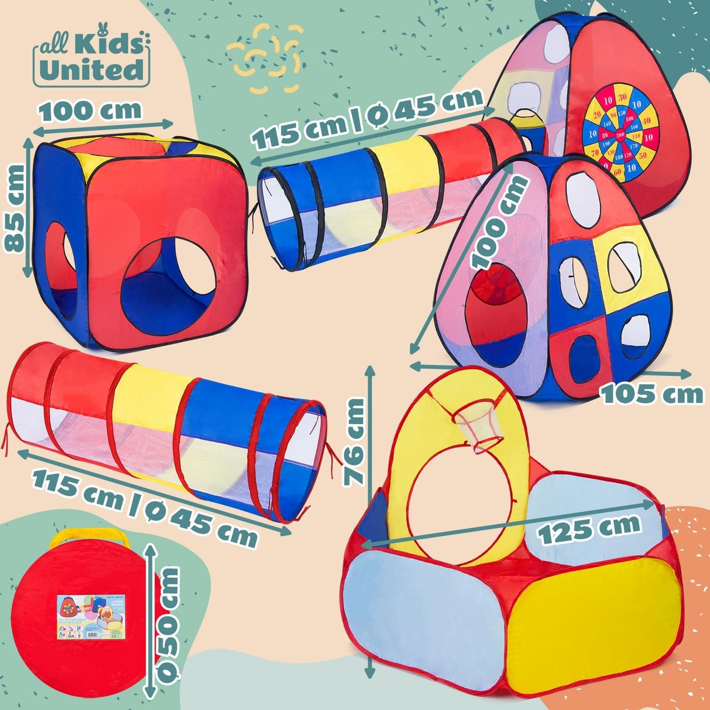 all Kids United® Play Tent with Tunnel, Ball Pit, Crawling Tunnel & More (without Balls) XXL Play Land 5-Piece Pop-Up Play House with Bag