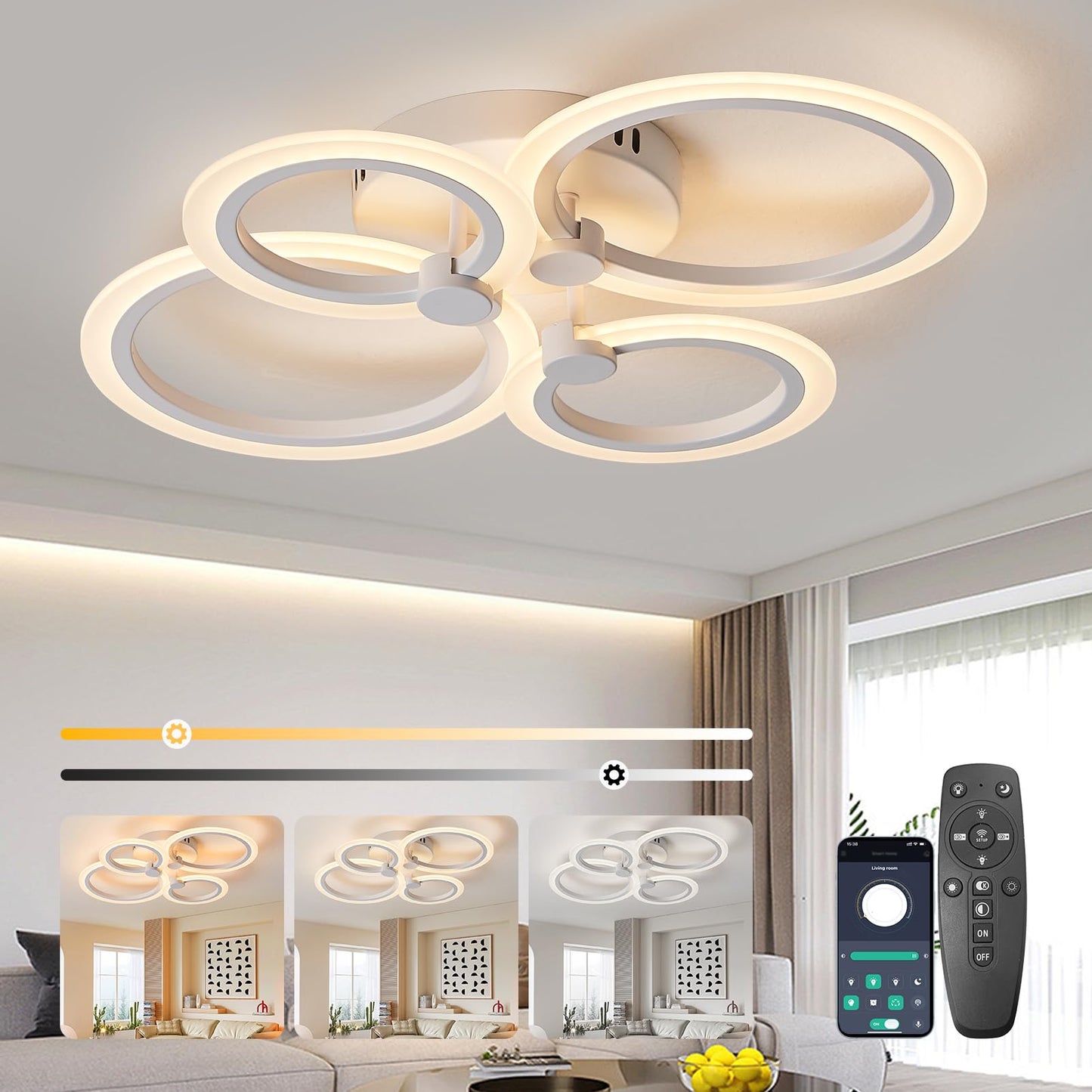 SUCIKORIO LED Deckenleuchte Dimmbar mit Fernbedienung, Modern LED Deckenlampe Rund Wohnzimmer 54W Wohnzimmerlampe 2700K-6500K Schlafzimmerlampe Decke mit APP für Schlafzimmer, Küche, Badezimmer, Flur