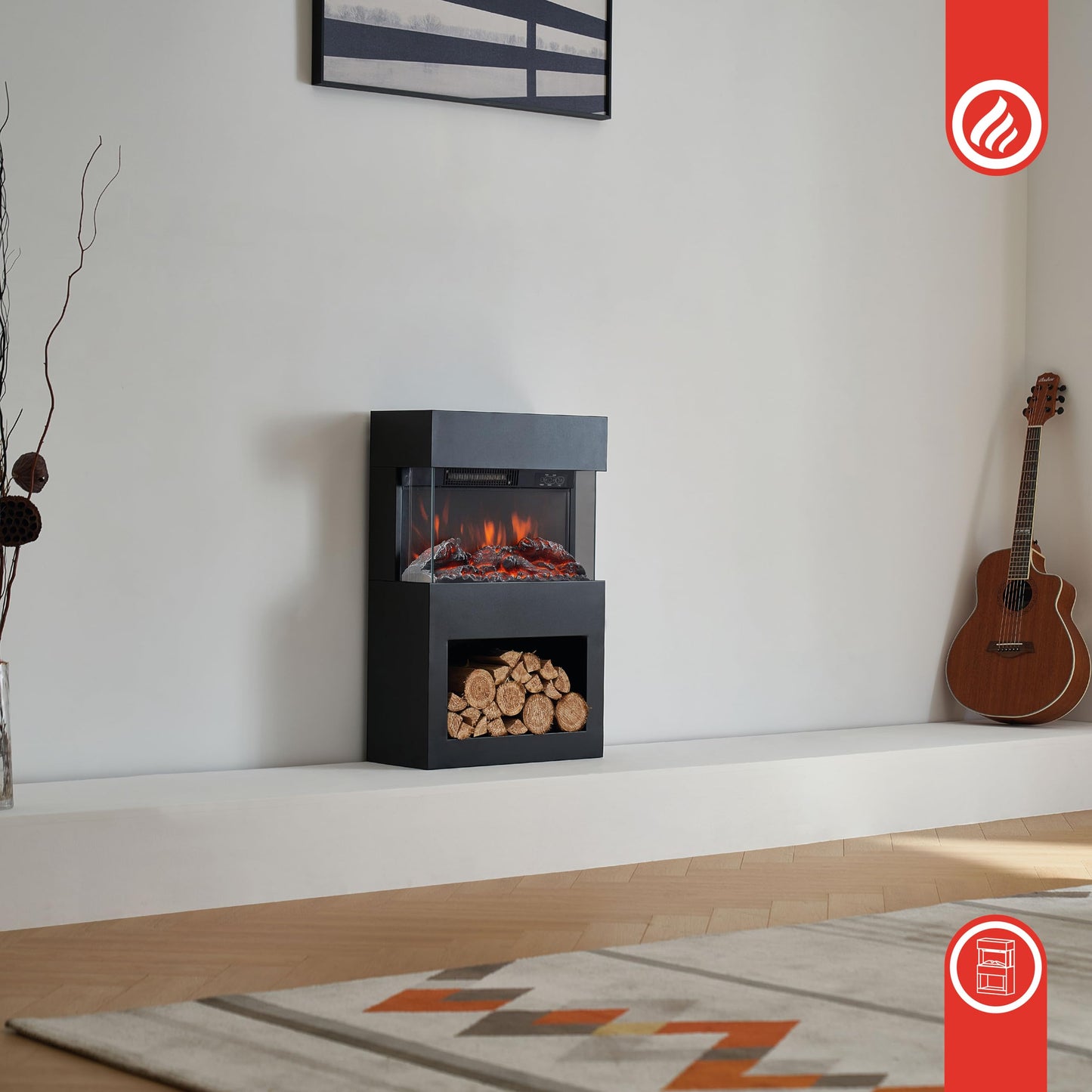 Henri Electric Fireplace with Heater, 3D Flame Effect, Wooden Compartment, LED Ambient Light, Remote Control (Black)