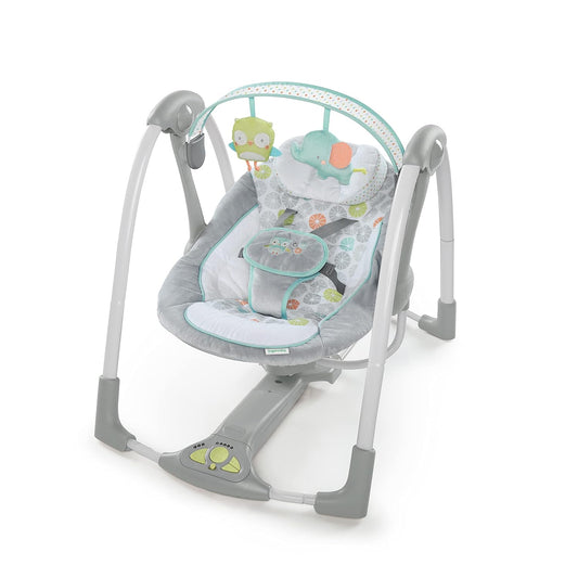 Ingenuity Hugs & Hoots Folding and Portable Baby Swing, 5 Swing Speeds, 8 Melodies, 3 Nature Sounds, Volume Control and Toy Hanger, from Newborns up to 9 kg