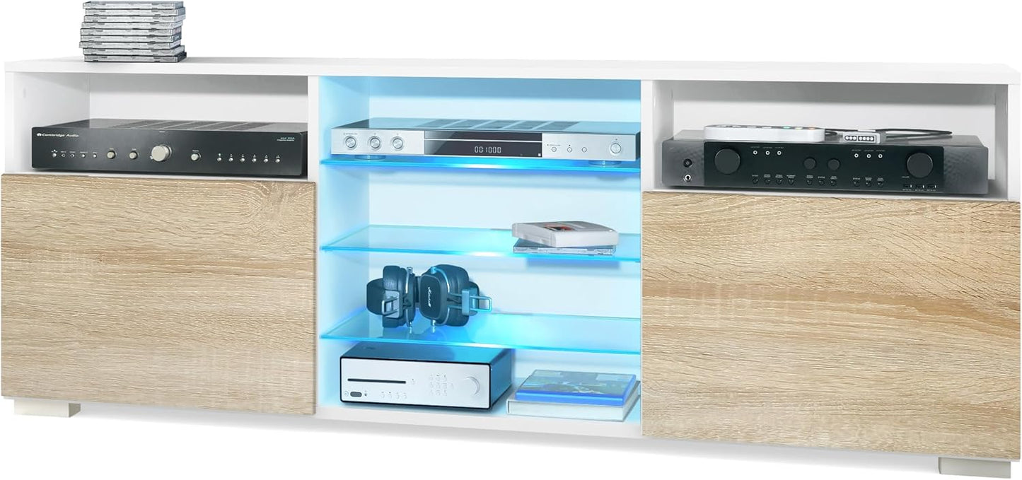 Vladon Granada TV Board Lowboard with 2 Doors and 6 Open Compartments, Matt White Body, Fronts in Sand Grey High Gloss (146 x 54 x 35 cm)