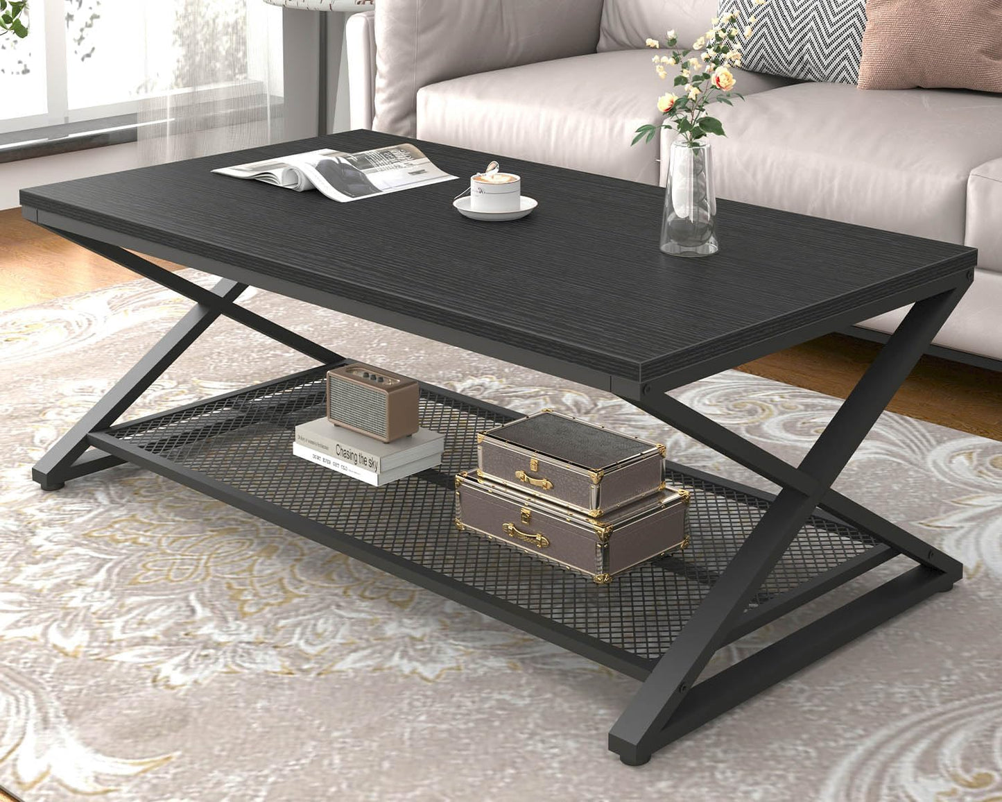 LVB Rectangular Coffee Table, Living Room Table, Sofa Table, Side Table, Wood, Metal, Living Room Furniture, Coffee Table, Vintage Retro Industrial Design, 120 x 60 x 45 cm