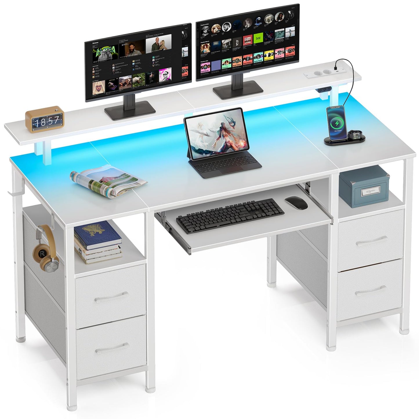 Rolanstar Desk with Drawers, 120 x 47 cm Gaming Table with Socket, LED & Monitor Stand, Computer Desk with Keyboard Tray, Gaming Desk for Home Office, Office, Living Room, White