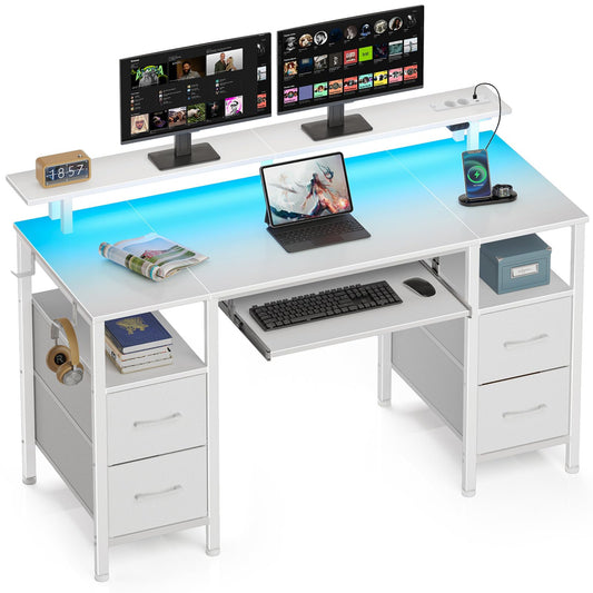 Rolanstar Desk with Drawers, 120 x 47 cm Gaming Table with Socket, LED & Monitor Stand, Computer Desk with Keyboard Tray, Gaming Desk for Home Office, Office, Living Room, White