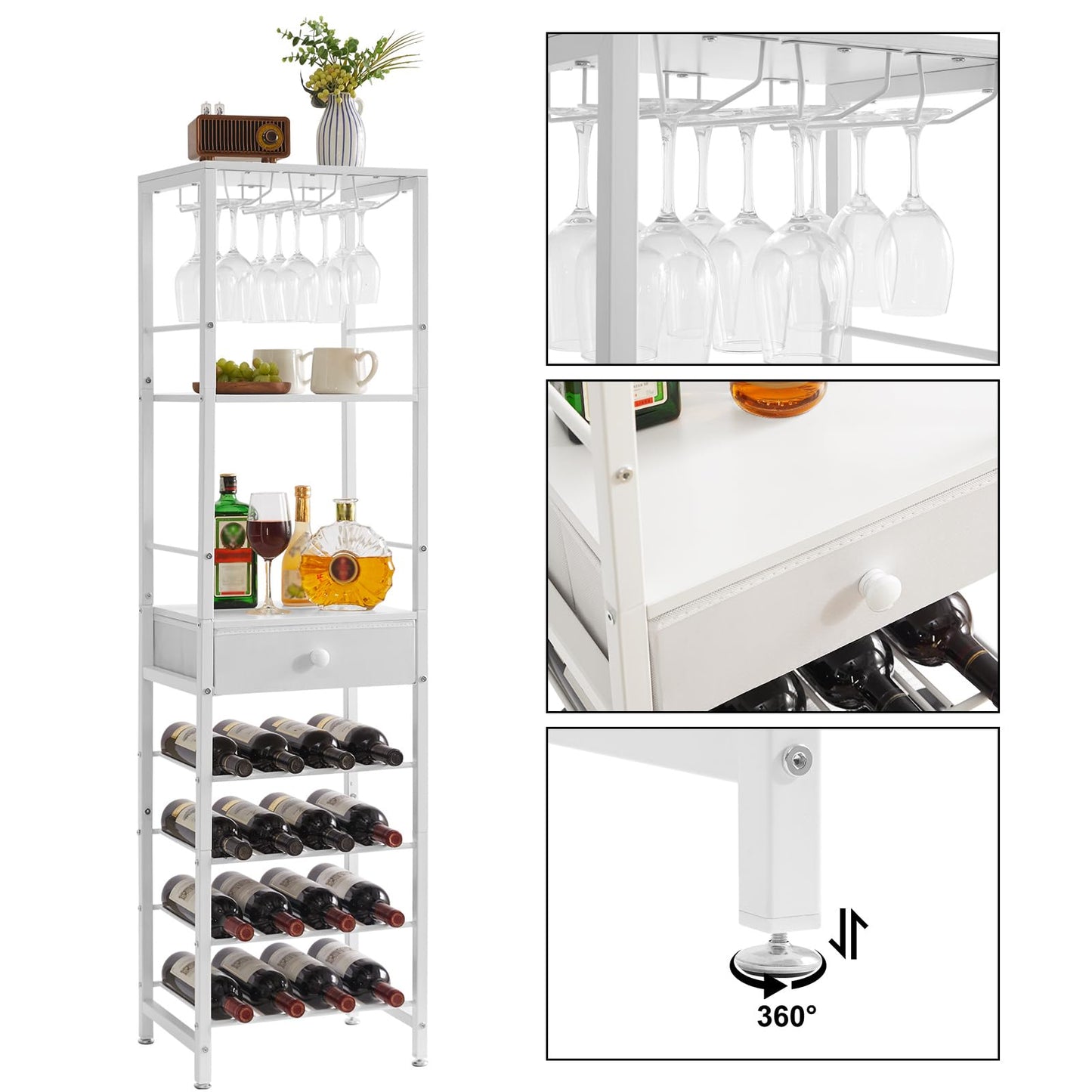 IBUYKE TMJ905H Wine Rack, 4-Layer Freestanding Wine Rack with Glass Holder and Drawer, 16 Bottle Rack, Countertop Wine Rack with Table Top Shelf, for Kitchen, Bar, Dining Room, Vintage Brown