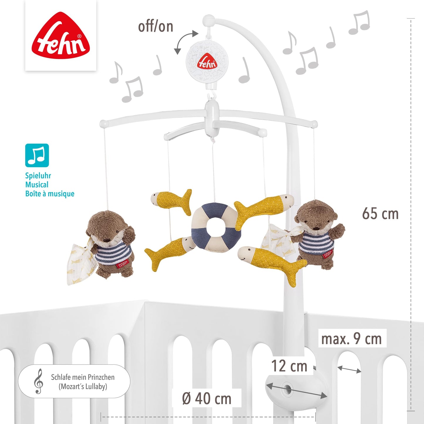 Fehn 053180 Good Night Music Mobile, With Melody "Weißt du wie viel Sternlein stehen" and Cute Figures with "Glow-in-the-Dark" Embroidery, For Babies from 0-5 Months, Size: Diameter 40 cm