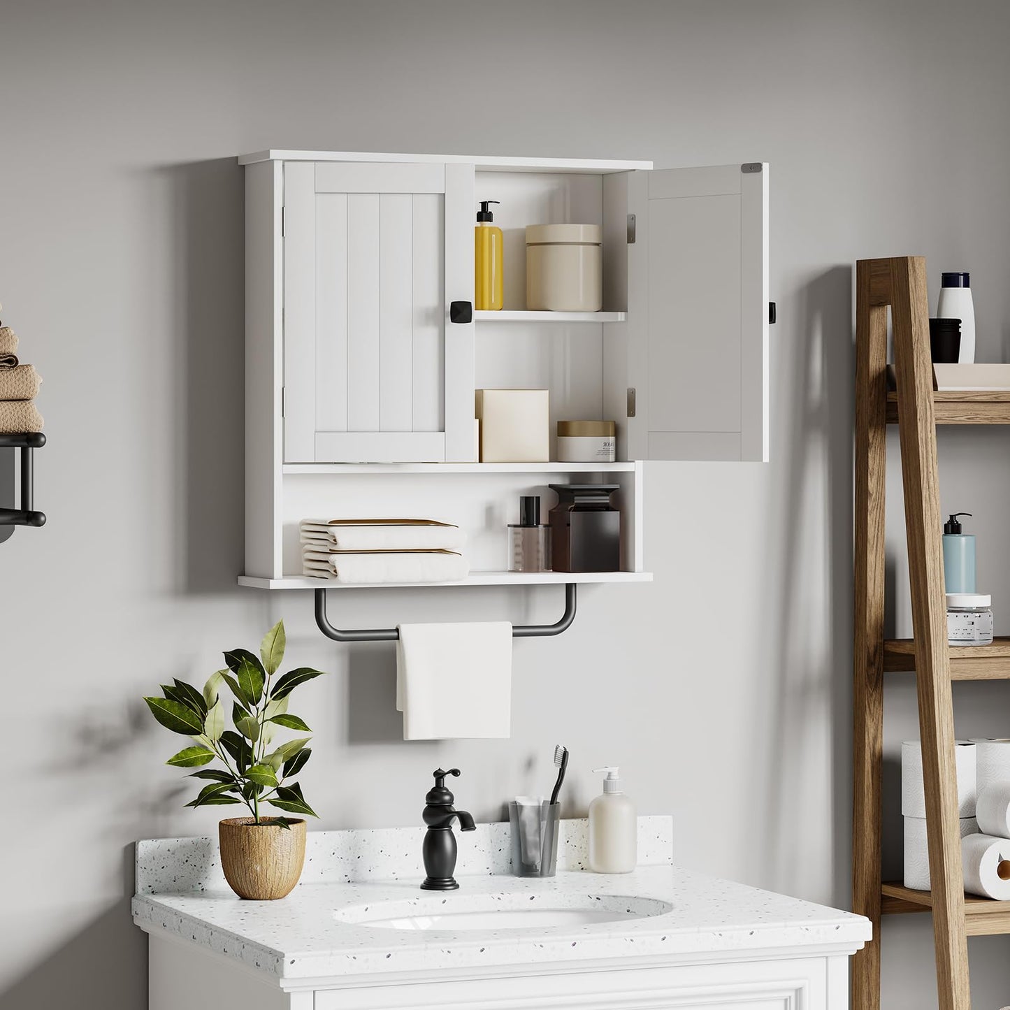 RRX Bathroom Cabinet, Wall Cabinet with Towel Rail, 56 x 13 x 65 cm, Storage Cabinet Over the Toilet with 2 Doors and Adjustable Shelf, White Wall Cabinet for Bathroom, Laundry Room (White)