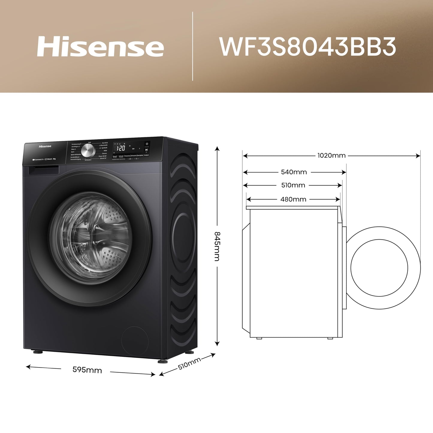 Hisense WF3S1043BW3 Washing Machine with Steam Function, 10.5 kg, 1400 rpm, 19 Programmes, WiFi, ConnectLife, Power JetWash, Aqua Stop, Auto Wash, Quick Wash, Steam Refresh, Energy EEK A-20 Percent