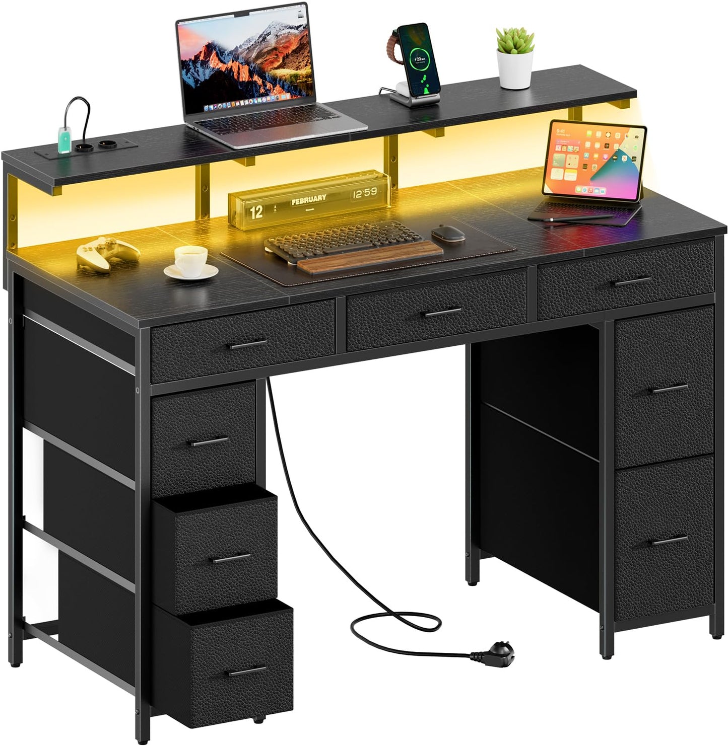 Schreibtisch mit 8 Schubladen, Computertisch mit 2 Steckdosen und 2 USB Ladeanschluss, Bürotisch mit LED und Monitorständer, PC Tisch für Büro, Wohnzimmer, 120 x 50 x 74 cm, Weiß