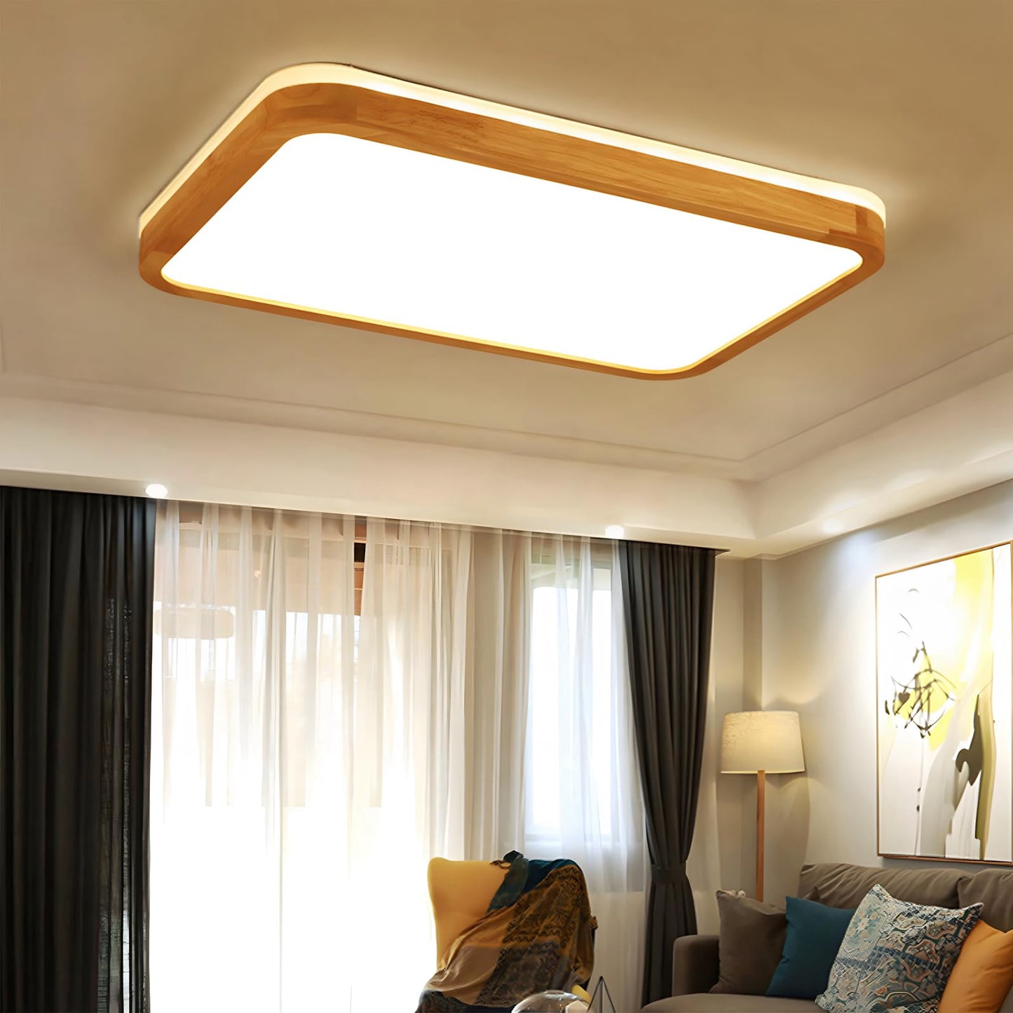 LED Wooden Ceiling Light, Diameter 30 cm, 3000 K, 1620 lm, 18 W, Ceiling Light with Square Top, 360° Luminous Natural Wood, Bedroom, Living Room, Children's Room, Kitchen, Dining Room (Warm White)