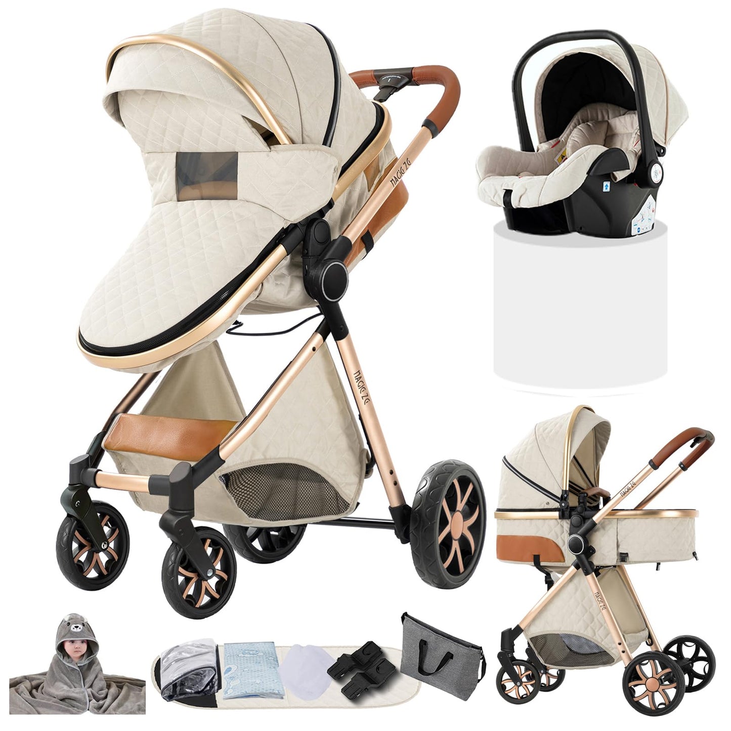 Doraystar 360° Rotation PU Leather Pushchair 3-in-1 Combination Pushchair 3-in-1 with Two Reversible Sliding Modes, Pushchair Complete Set with One-Click Folding Design, Aluminium Alloy Frame (906