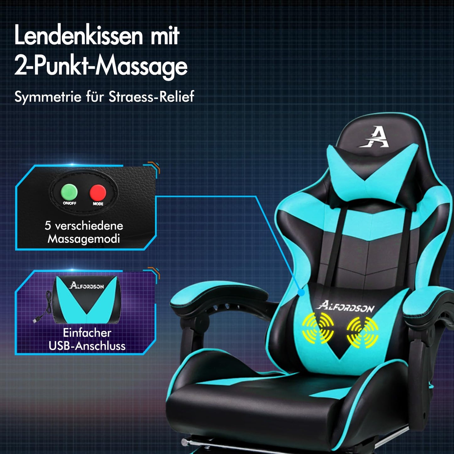 ALFORDSON Videospielstuhl, ergonomischer Bürostuhl, Massage-Rennstuhl, einziehbare Fußstütze, PU-Leder, höhenverstellbar und neigbar, 180 kg Tragkraft, Schwarz