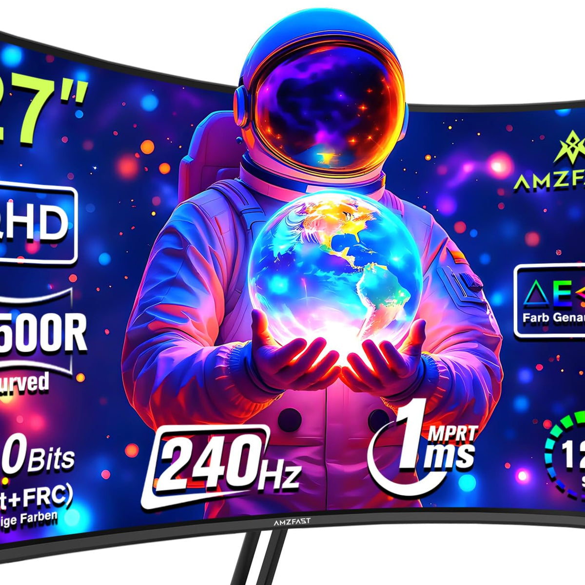 Amzfast Gaming Monitor Curved 24 Inch - 180Hz, FHD 1920 x 1080, Blue Light Filter, 1 ms MPRT, Adaptive Sync, sRGB 130% / DCI-P3 97%, HDMI 1.4 + DP 1.2, VESA 75 x 75, AMZG24C1