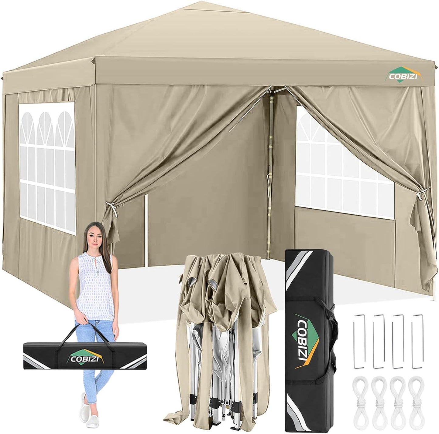 COBIZI Gazebo 3 x 6 Folding Gazebo Waterproof Stable Winterproof Foldable Party Tent with 6 Side Panels Pop Up Garden Gazebo UV Protection 50+ Height Adjustable for Beach Wedding Camping White