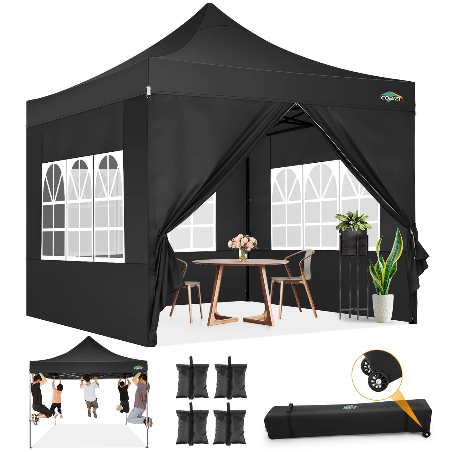 COBIZI Pavillon Faltpavillon 3x3 wasserdicht stabil Winterfest,Outdoor faltbar partyzelt，gartenpavillon mit 4 Seitenteilen und 4 Sandsack und Laufradtasche, Schwarz