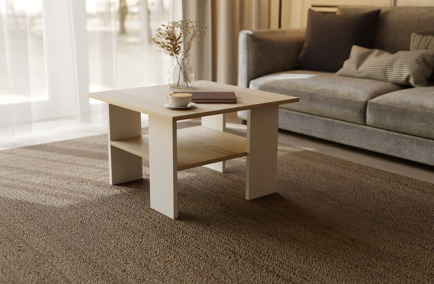 Artisan Coffee Table, Retro Loft Bench, Open Double Shelf, Skate Legs, Ideal for Coffee Get-Togethers, Laminated Top, Large Surface, Guaranteed Stability, White 3