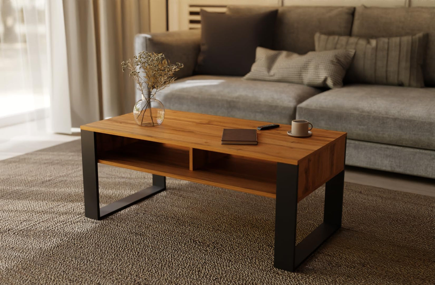 Artisan Coffee Table, Retro Loft Bench, Open Double Shelf, Skate Legs, Ideal for Coffee Get-Togethers, Laminated Top, Large Surface, Guaranteed Stability, White 3