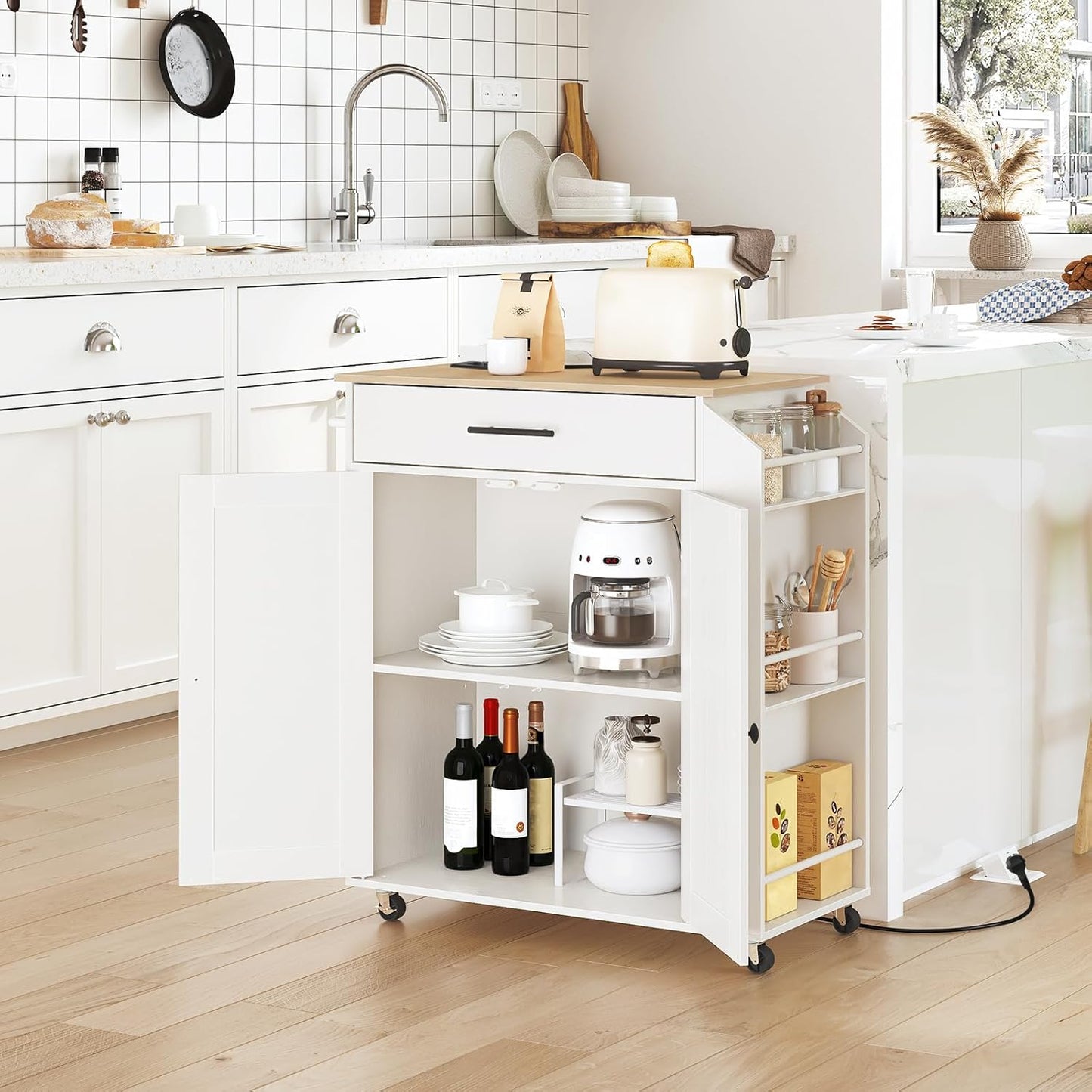 HOOBRO EWN82CZD01 Kitchen Trolley with Worktop, Kitchen Island with Power Strip, Movable Kitchen Island with Drawer and Spice Rack, Kitchen Trolley on Wheels, 80.8 x 38 x 86 cm