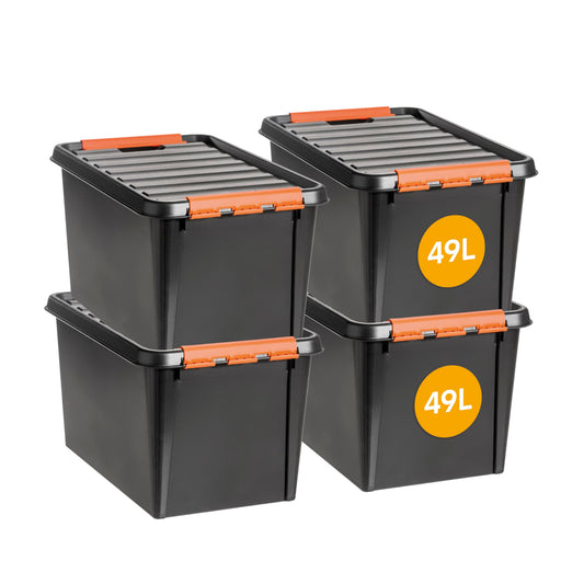 SmartStore Large Storage Boxes with Lids - Set of 4 for Tool Storage - Sturdy 49L Storage Box - Nesting on Top of Each Other - BPA Free - 59 x 39 x 34 cm - Black
