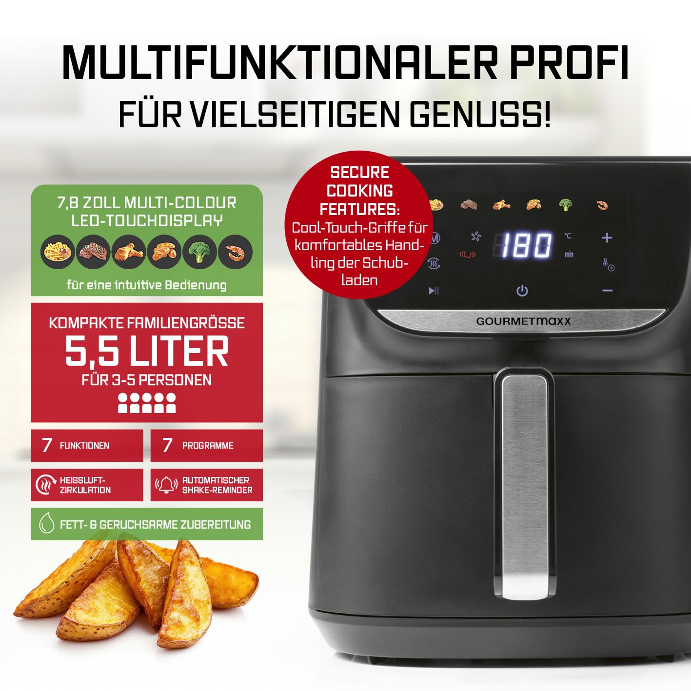 GOURMETmaxx Digitale Heißluftfritteuse 12 L, XXL-Edelstahl-Ofen | Airfryer + Timer, Touchdisplay, Drehspieß | fettarm, energiesparend frittieren | 10 Programme inkl. Pizza | 1800 W