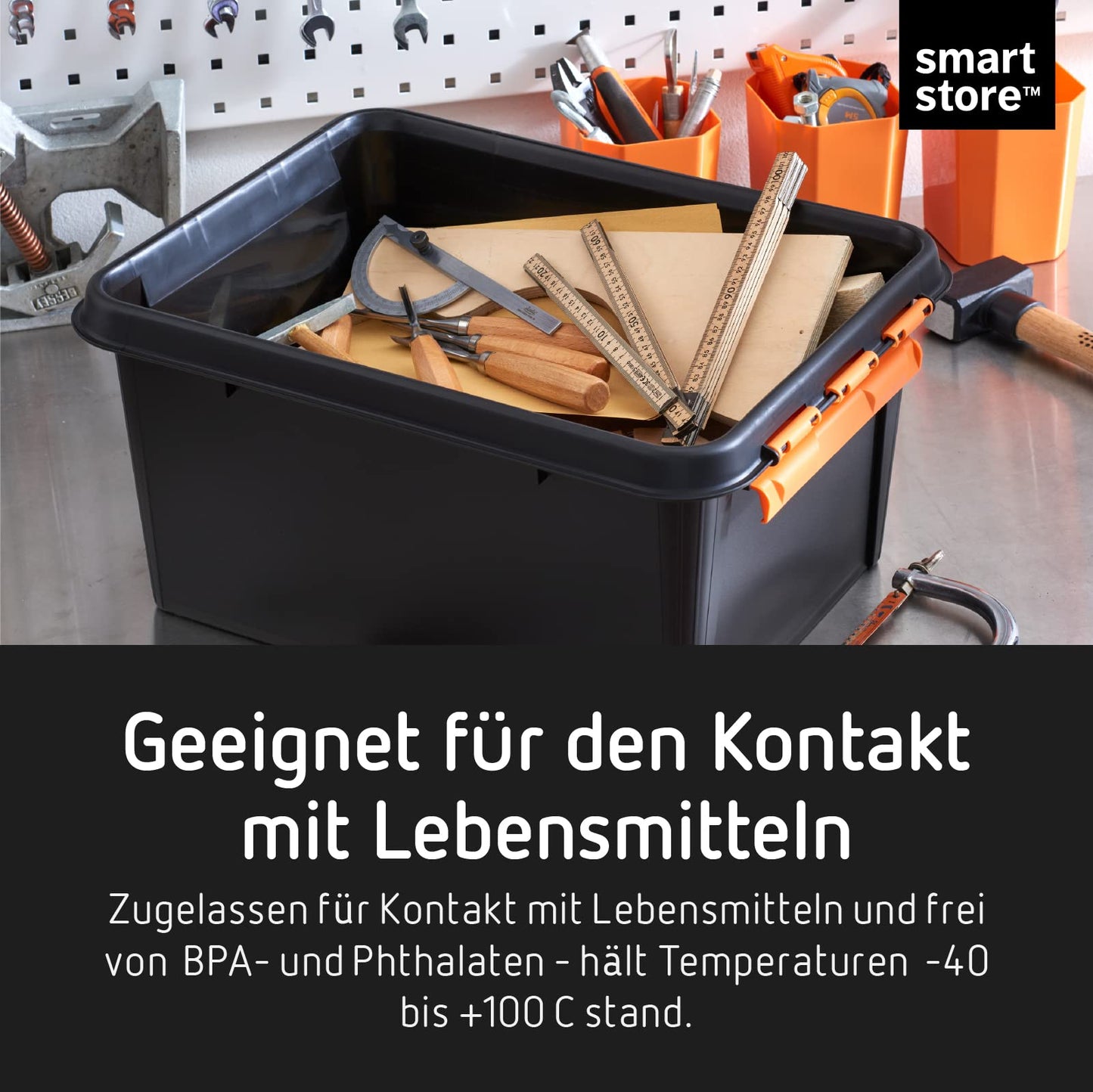 SmartStore Large Storage Boxes with Lids - Set of 4 for Tool Storage - Sturdy 49L Storage Box - Nesting on Top of Each Other - BPA Free - 59 x 39 x 34 cm - Black