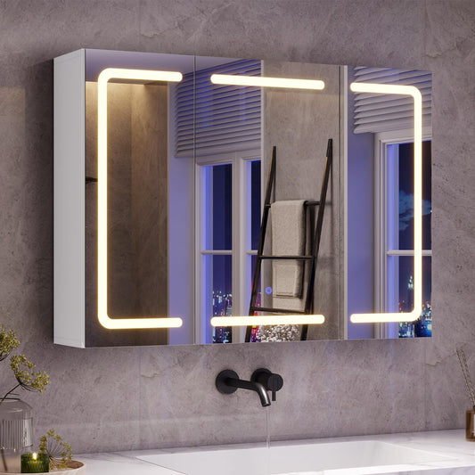 mojiasion Bathroom Mirror Cabinet 100 cm Wide with LED Lighting, Socket & 3 Colour Temperatures Dimmable Bathroom Cabinet with Touch Sensor 60 x 100 x 16 cm (H x W x D) Mirror + 3 Adjustable Shelves