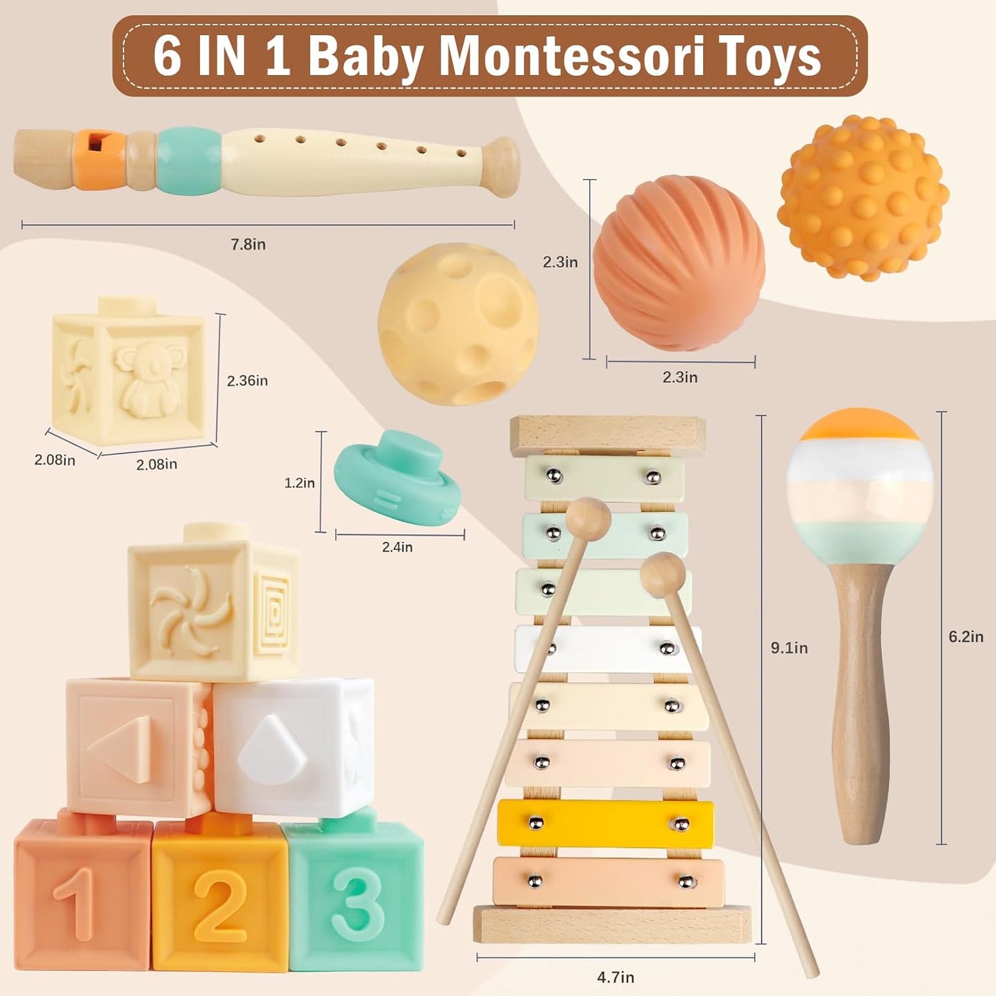 Baby Toy for 6 to 12 Months Baby Montessori Toy Includes Wooden Stacking Stones, Infant Teething Toys, Sensory Balls and a Xylophone Musical Toy for Toddlers Over 1 Year Old