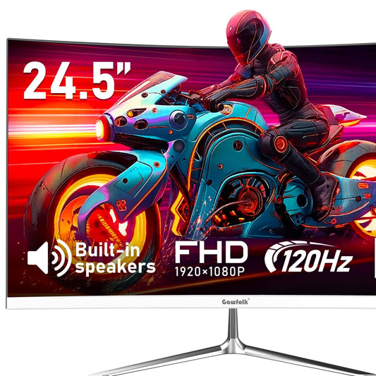 Gawfolk Curved Monitor 24.5 Inch 120Hz with Speaker, 3000R Curved PC Screen FHD 1080P, White Computer Monitor with Eye Care Technology HDMI VGA, Supports VESA