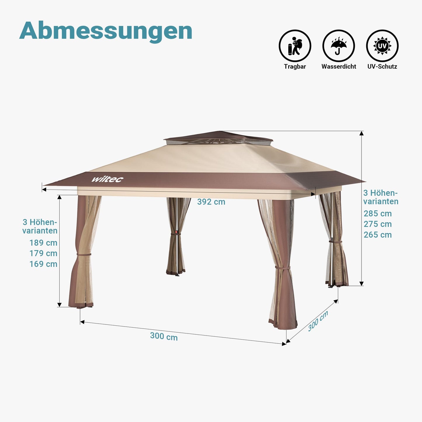 Wiltec Folding Gazebo Mosquito Net 4 x 4 m Beige Garden Gazebo with Wheels and Mosquito Net Party Tent with One Push Technology and Adjustable Legs
