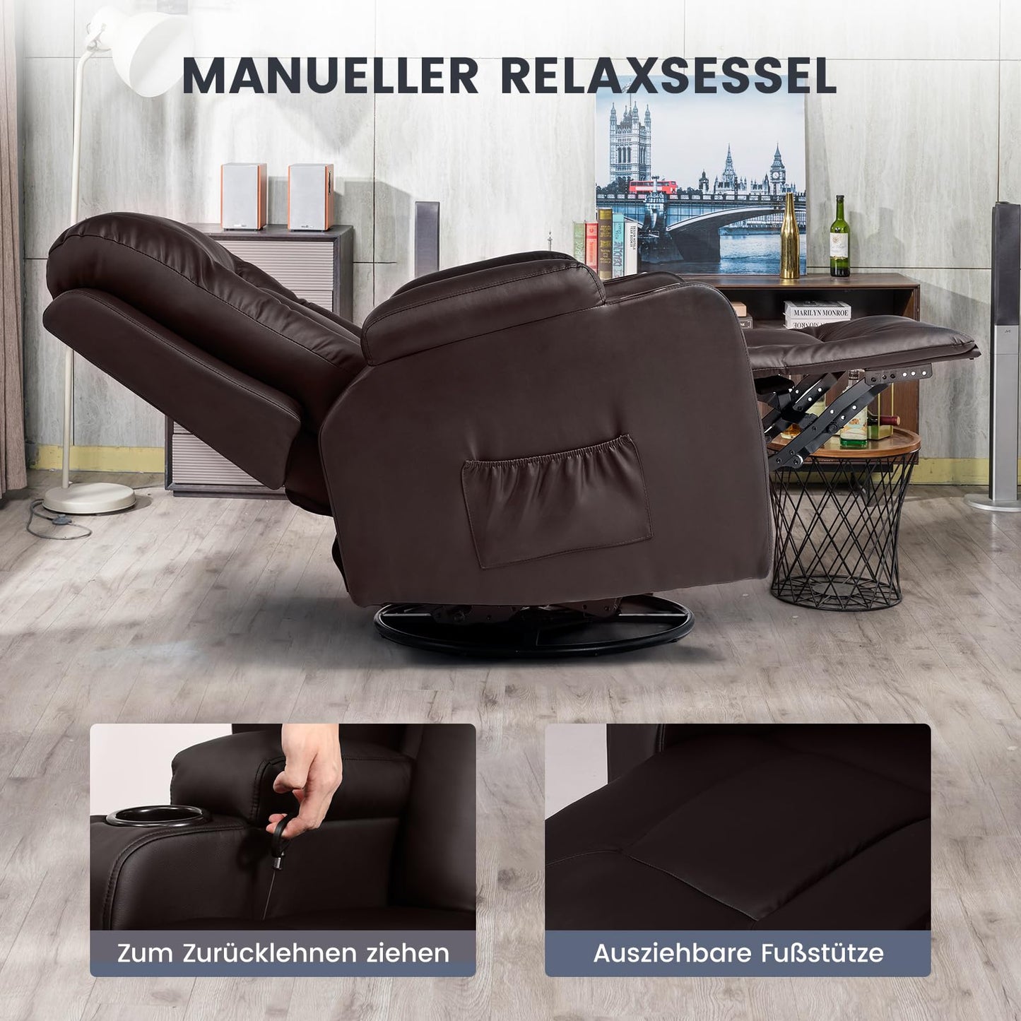 COMHOMA Relaxsessel-Set, Sofa, Sofa-Set aus Kunstleder, Fernsehsessel Ruhesessel Liegesessel mit Liege-Funktion Polstersessel Schlafsessel für Wohnzimmer Schlafzimmer Heimkino,Schwarz, 3+2+1