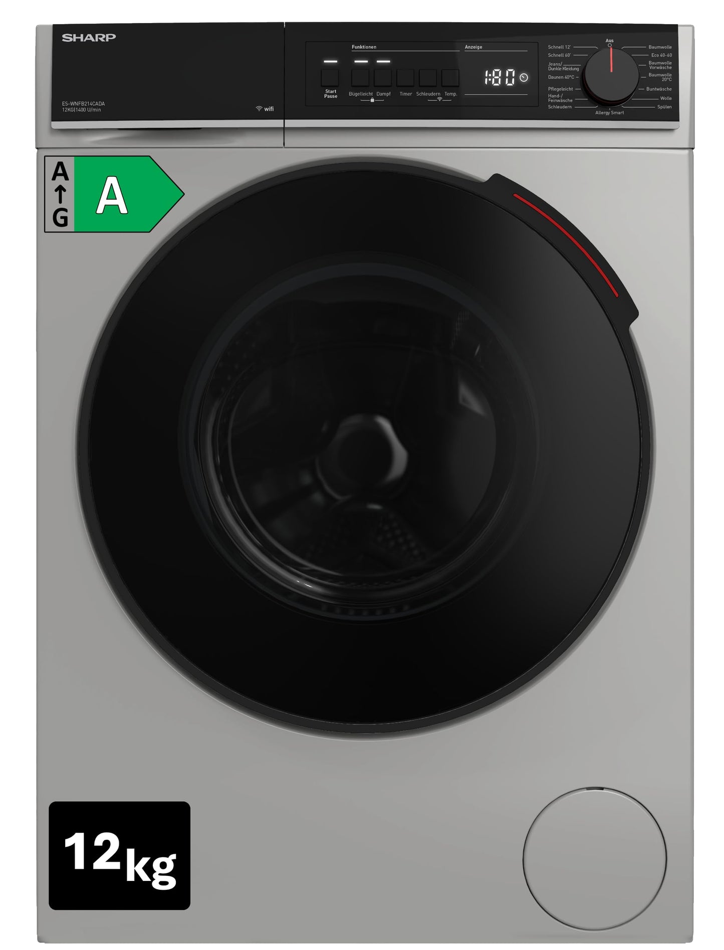 Sharp ES-WNFB214CWDA-DE Washing Machine, 12 kg, Energy Class A, 1400 rpm, Inverter Motor, AquaStop, WiFi App Control, Steam Function, Quick Wash, White
