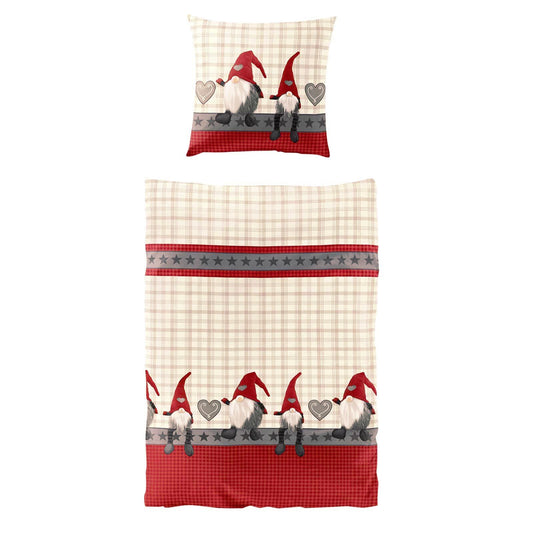 Traumschlaf Christmas Flannelette Bed Linen Gnome Men 100% Cotton with Zip 135 x 200 cm + 80 x 80 cm