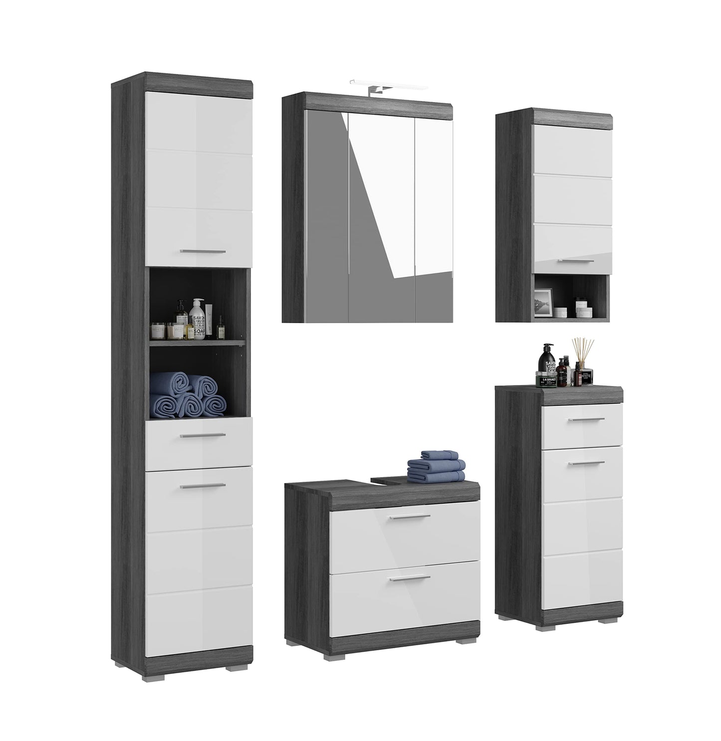Badezimmer Scout X06B2723 Wall-Mounted Cupboard Wide Cabinet in Front White High Gloss Body Smoke Silver Nb. Approx. 74 x 79 x 24 cm